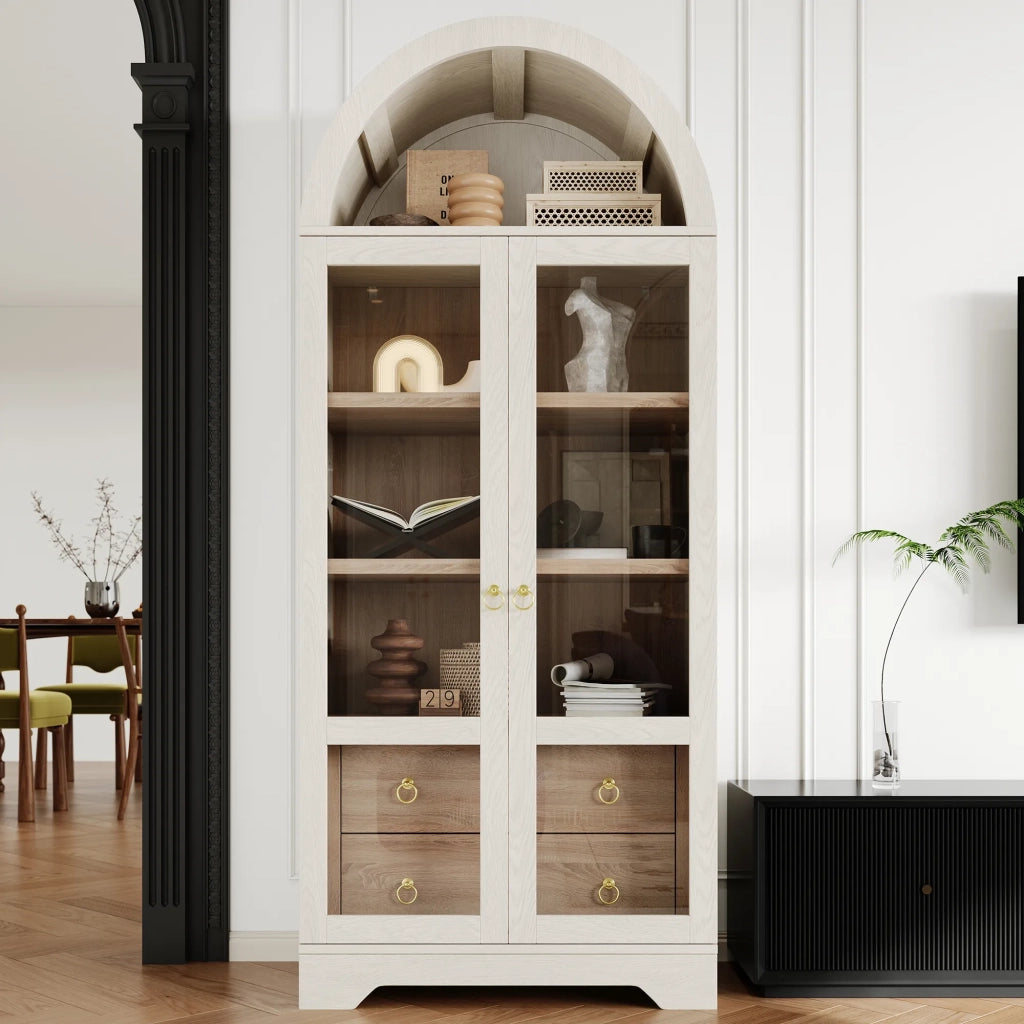 Highboard bianco con ripiani regolabili, cassetti e ante in vetro trasparente. Ampio contenitore ideale per cucina, sala da pranzo e soggiorno.