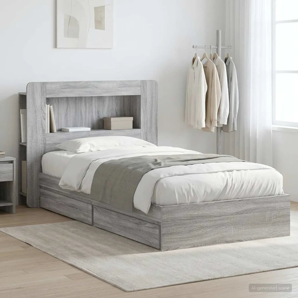 Letto singolo | Letto per adulti | Telaio del letto con storage Sonoma grigio 75 x 190 cm