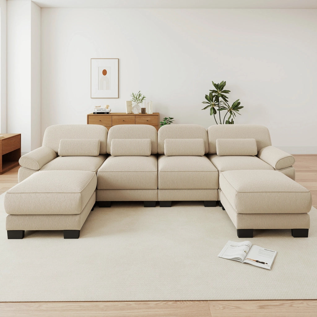 Divano modulare componibile a U in tessuto a coste beige 336x161x94 cm