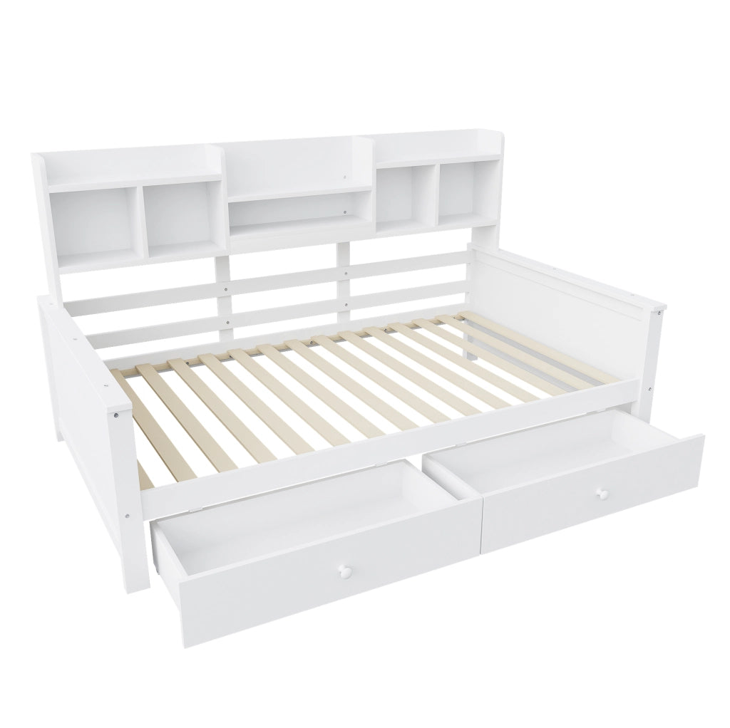 Letto singolo multifunzione 90x200 cm in legno massello bianco con cassetti e scaffali integrati