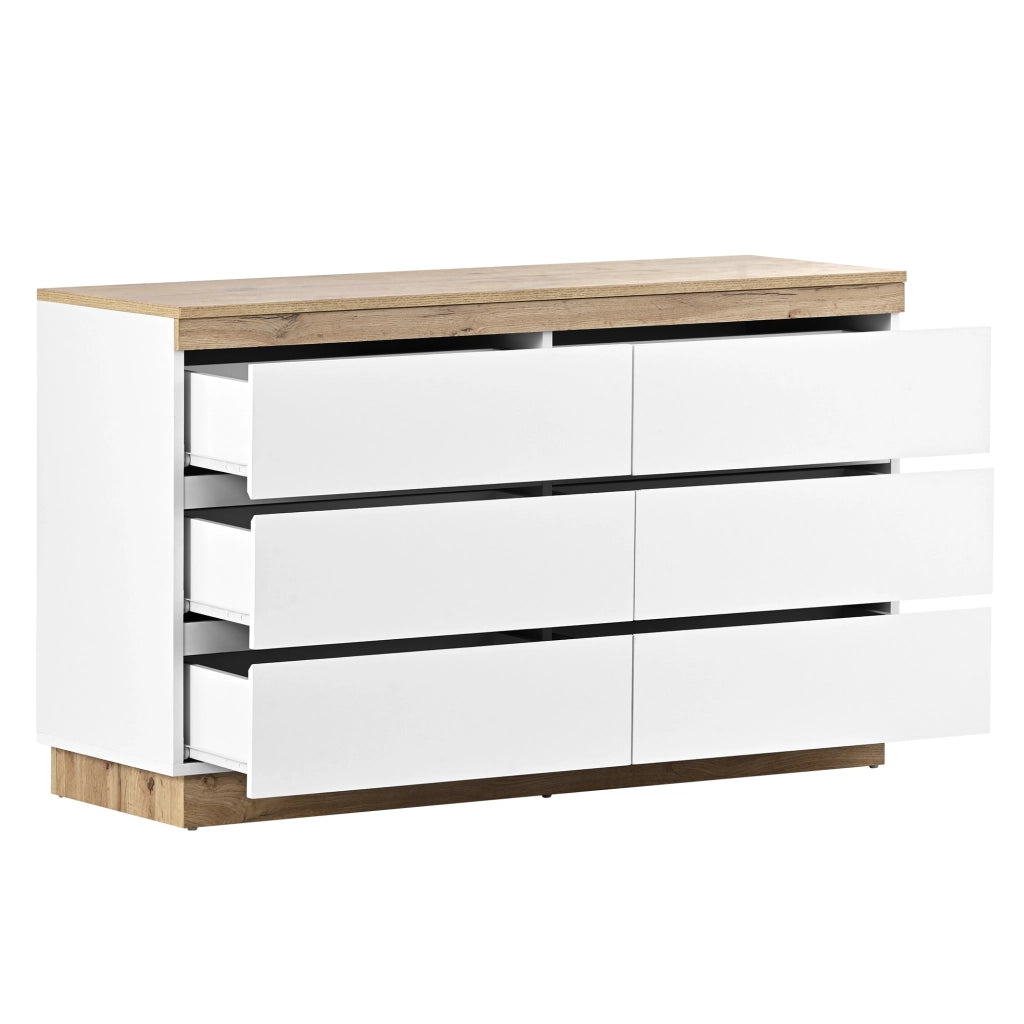 Cassettiera con 6 cassetti e vano chiuso, per camera da letto e soggiorno, bianco e rovere, 110 × 40 × 67.5 cm