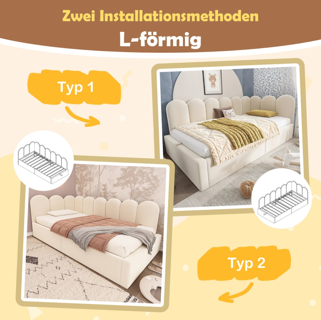 Letto da giorno 90x200 cm in velluto beige con contenitore idraulico e rete a doghe in ferro