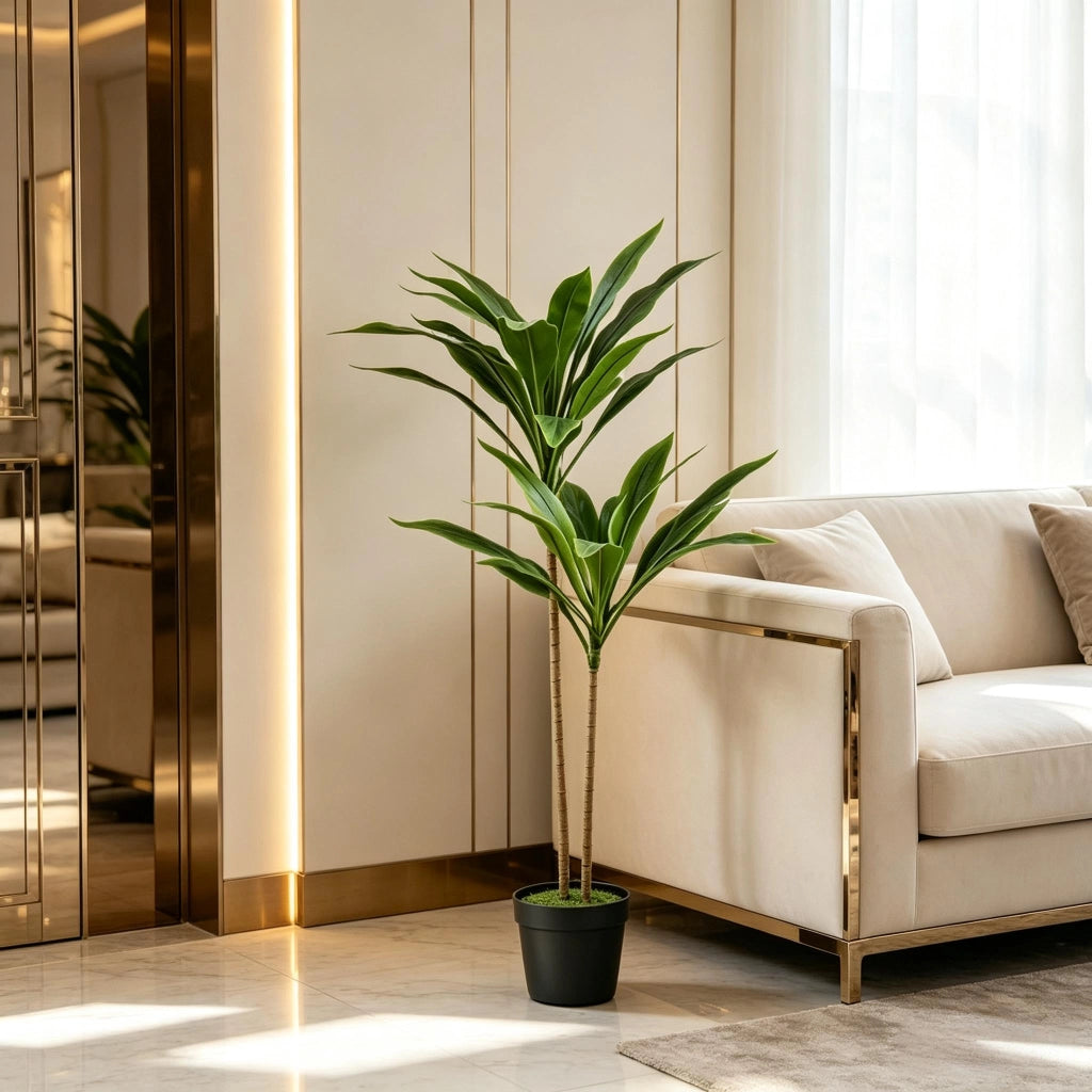 Pianta artificiale di cordyline 90 cm con 29 foglie in PEVA e vaso interno cementato verde per casa e ufficio