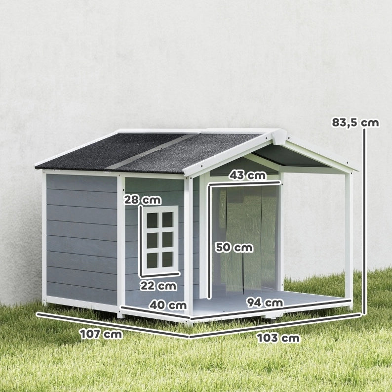 Casetta per cani da esterno 103x107x83，5 cm in legno grigio con terrazza