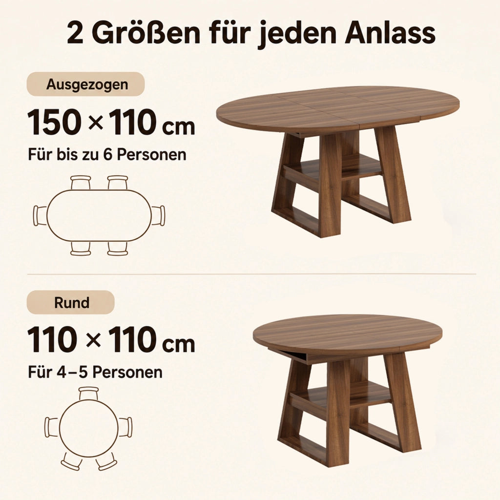 Tavolo allungabile da pranzo con prolunga integrata e ripiano in MDF color noce per 4-6 persone