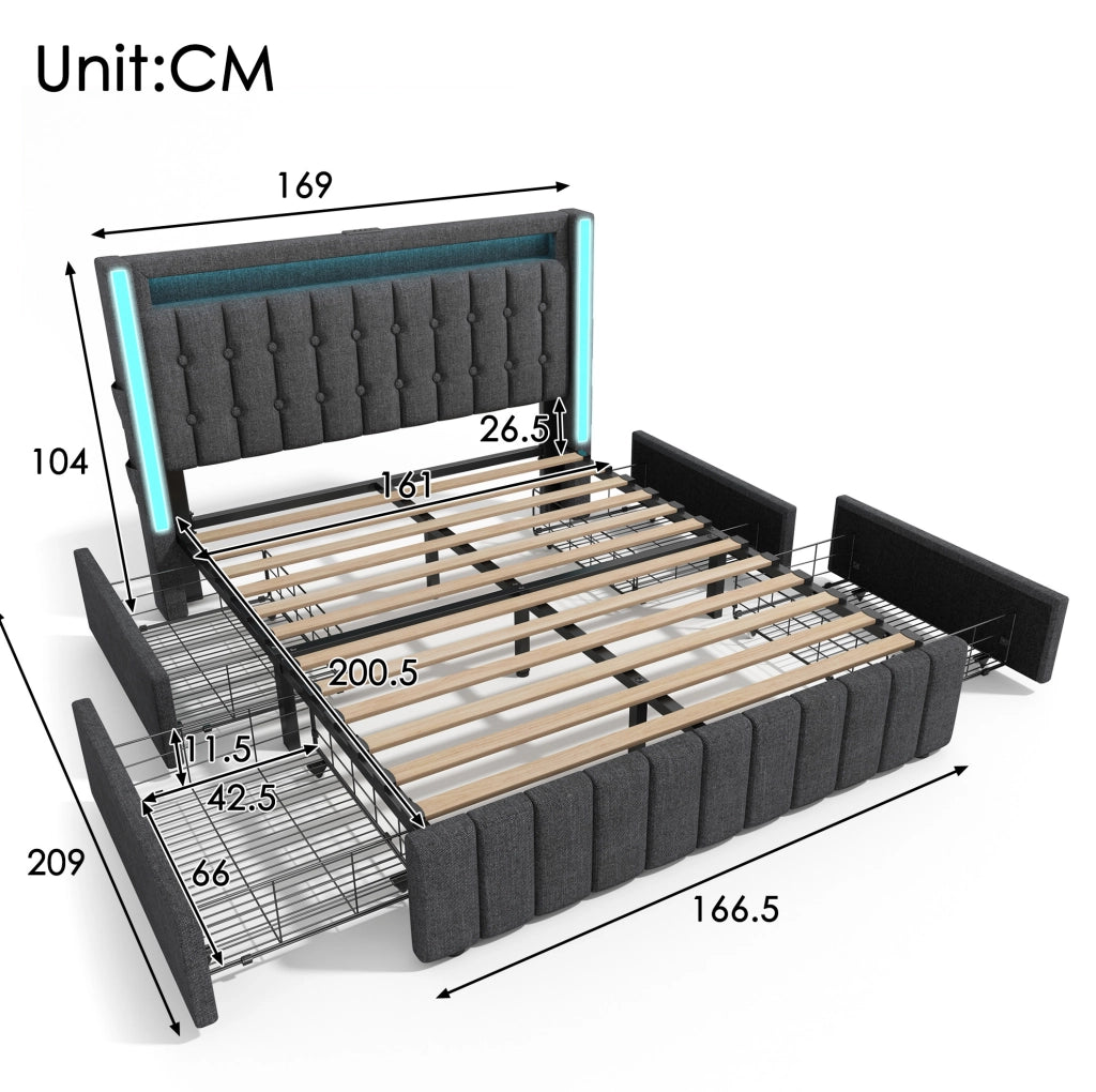 Letto imbottito con ricarica USB, LED e 4 cassetti