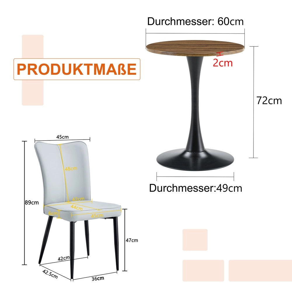 Set Tavolo Rotondo e 2 Sedie da Pranzo ¨C Xylo ¨C Piano MDF, Gambe Nere, Seduta Grigio Chiaro