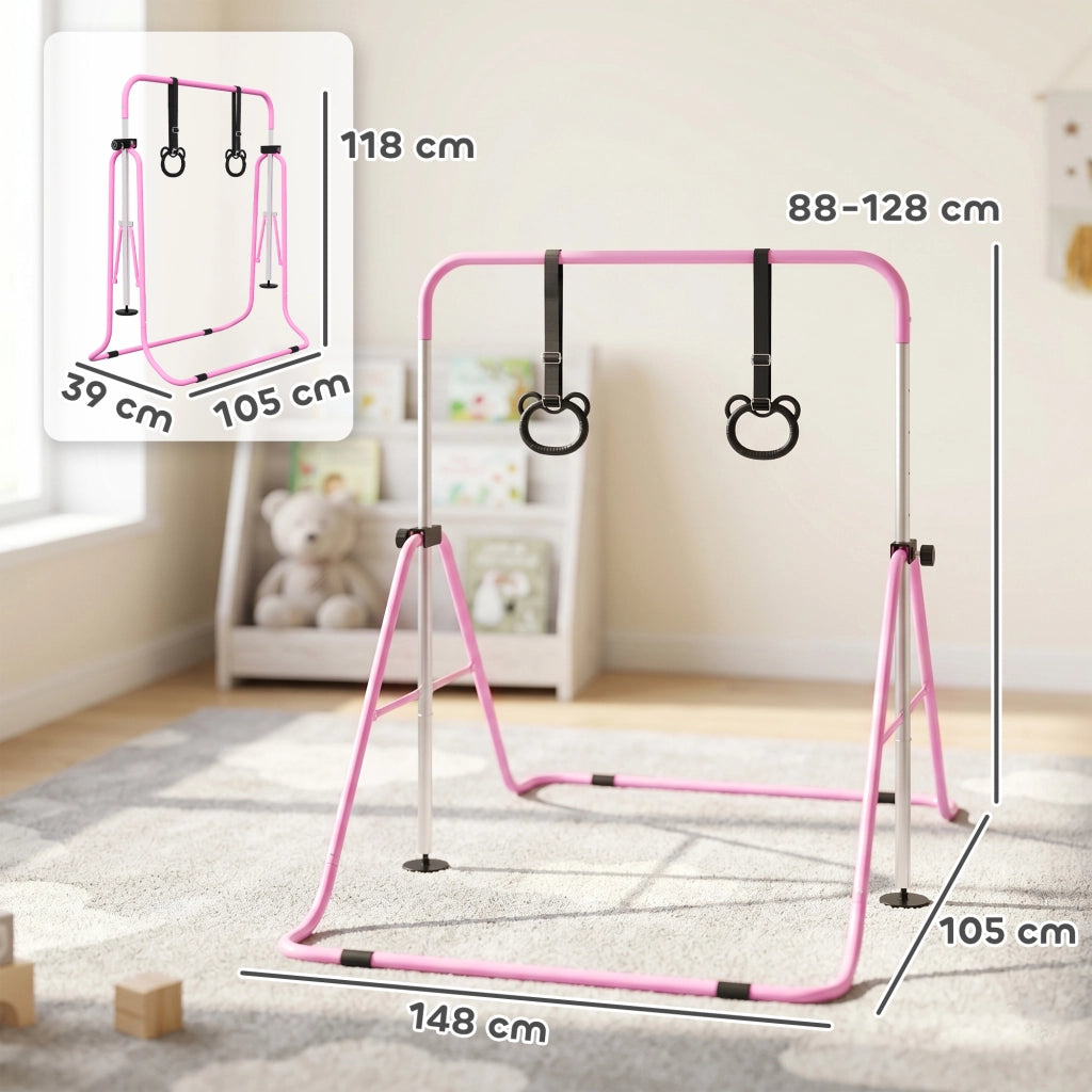 Sbarra da ginnastica artistica per bambini in acciaio rosa con 2 anelli, altezza regolabile e pieghevole, 148x105x88-128 cm, per casa