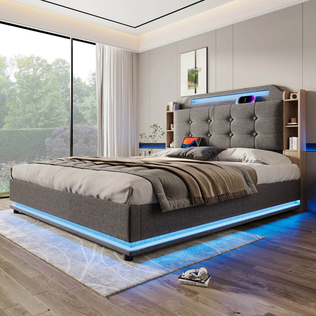 Letto contenitore 140 × 200 cm con LED USB e Type-C rivestito in lino grigio con vani laterali