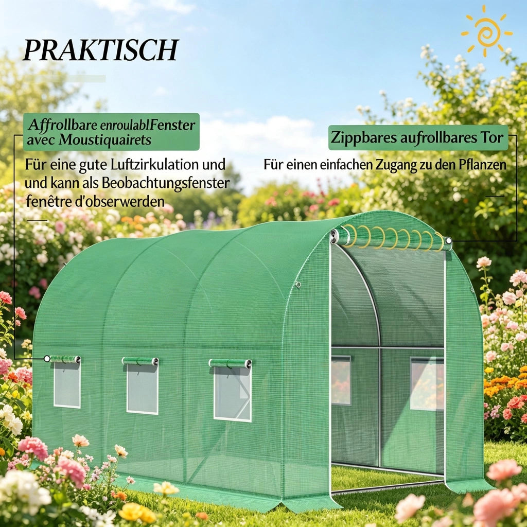 Serra da giardino a tunnel con telo in polietilene 140 g/m²; porta con zip e 6 finestre verde 2.98 × 1.96 × 1.98 m