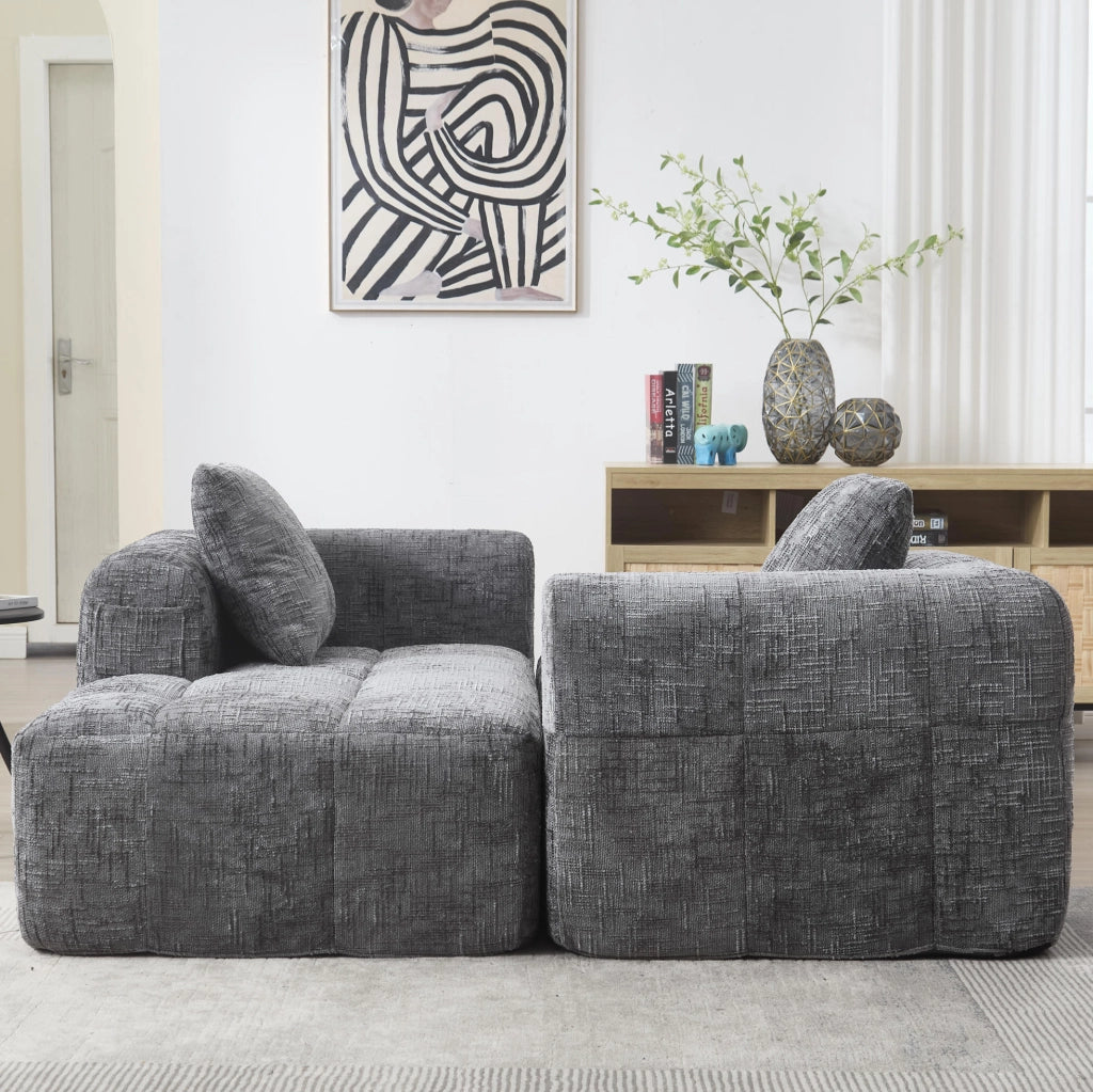 Divano Chaise Longue Grigio con Tessuto Morbido, Cuscino Incluso e Tasche Laterali per Telecomando e Smartphone