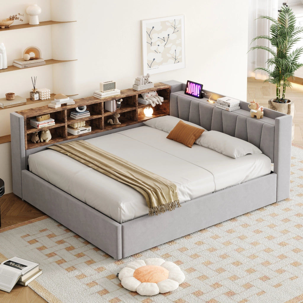 Divano letto imbottito 140x200 cm con vano idraulico; luce notturna; USB e Type-C; velluto grigio chiaro