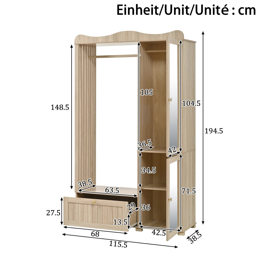 Guardaroba Aperto con Specchio a Figura Intera, Mobile con 2 Ante e Cassetto in MDF Colore Quercia, 115,5x38,5x194,5 cm