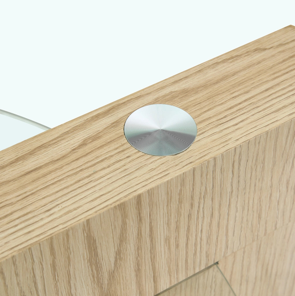 Tavolino da caffè moderno con piano in vetro di sicurezza e struttura in MDF effetto legno chiaro, design a due livelli