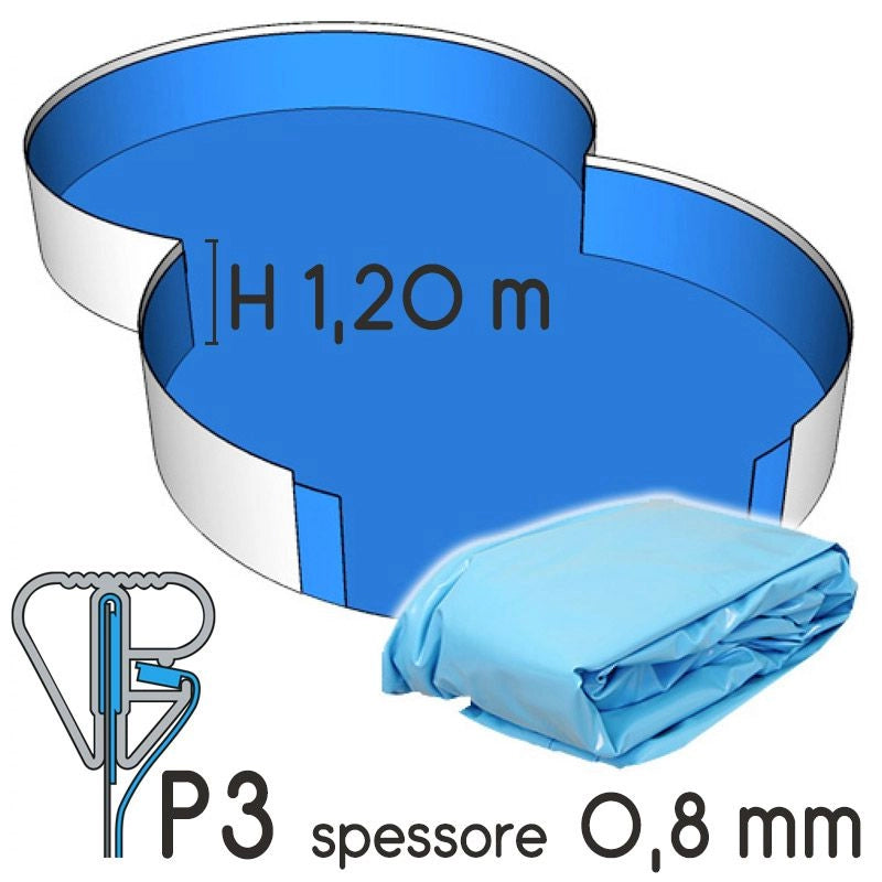 Liner Per Piscina A Forma Di Otto 7,25 X 4,60 H.1,50 M Sabbia - Attacco P3 - Spessore 0,80 Mm Colore: Azzurro, Altezza: 1.20 m, Tipo attacco: P3