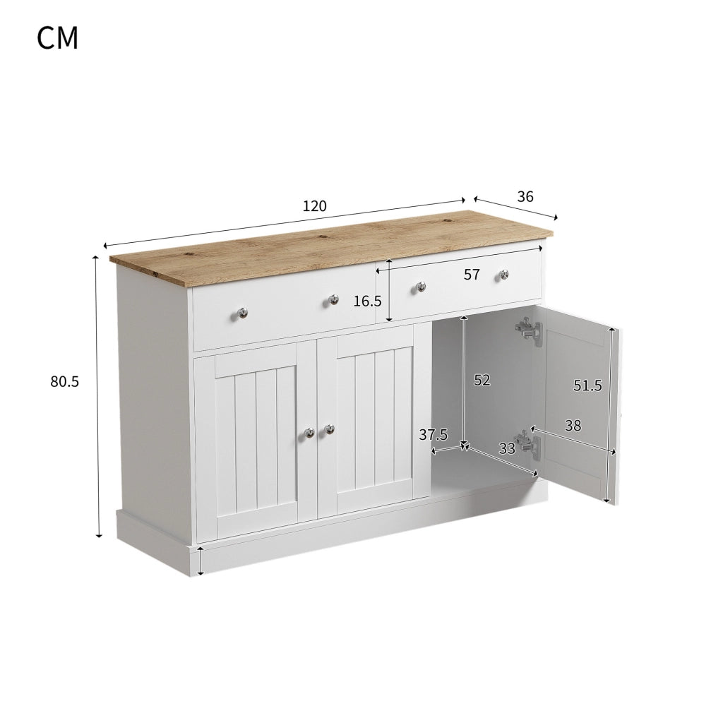 Credenza bianca e legno con texture incisa, 120x36x80,5 cm, 3 ante e 2 cassetti