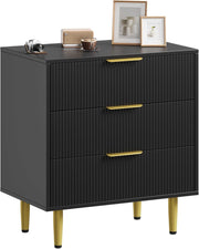 Cassettiera Moderna 3 Cassetti con Frontale Scanalato Maniglie e Piedini in Metallo Dorato 71x43x76cm Nero