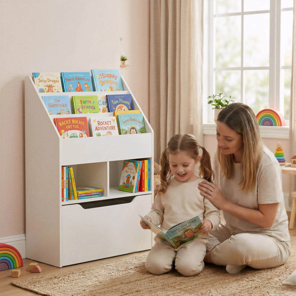 Libreria per Bambini con Ripiani e Cassetto in MDF Bianco, Scaffale Portagiochi Salvaspazio, 60x29.9x90cm