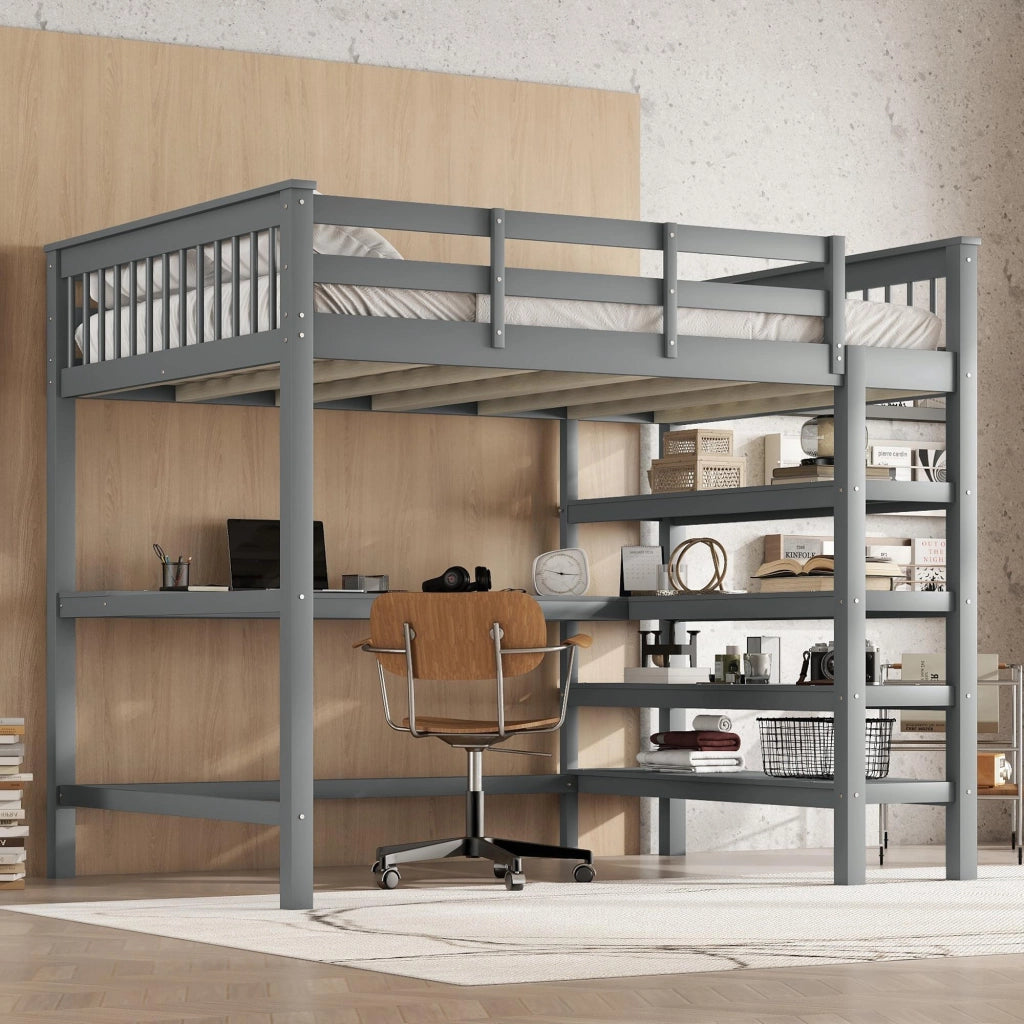 Letto a soppalco per bambini 140 × 200 cm 2 posti con scrivania e mensole; senza materasso; in pino e MDF; grigio