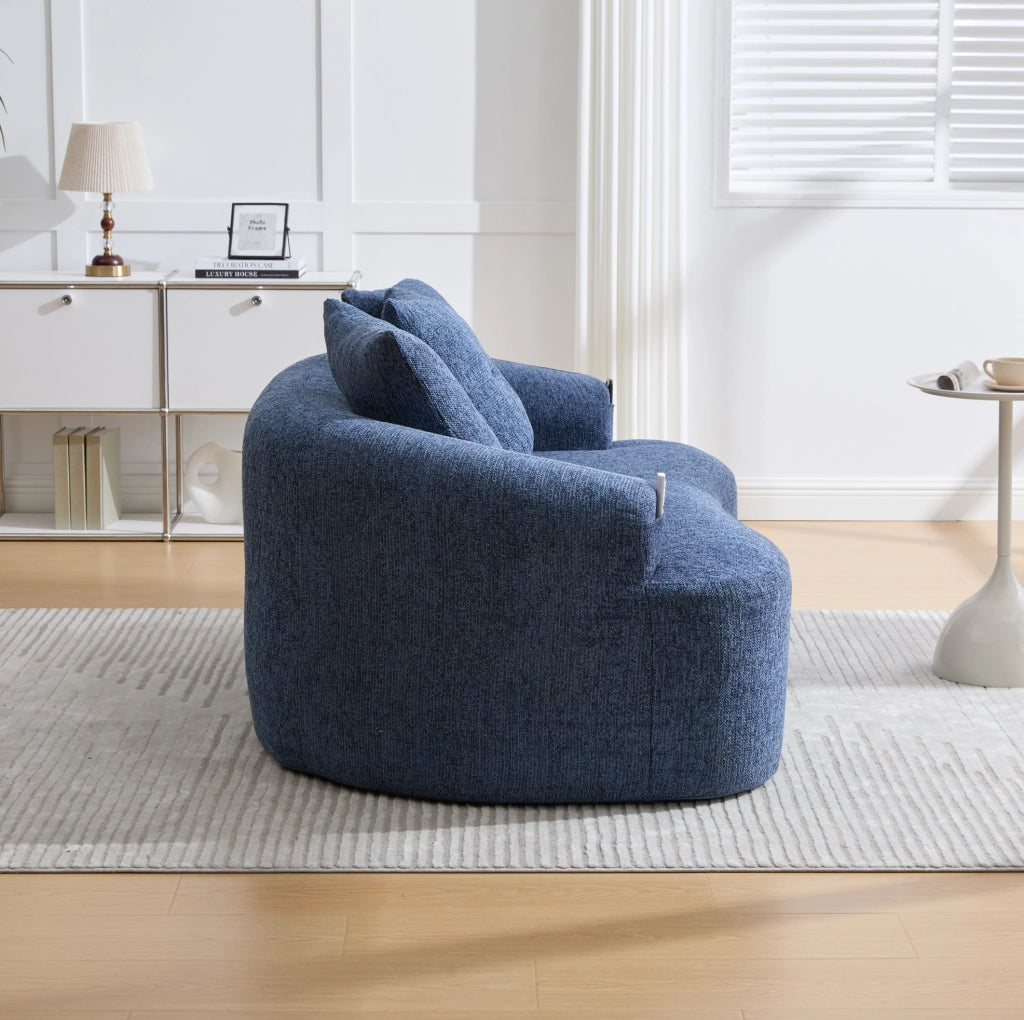 Divano 2 posti in chenille blu con cuscini profondi, senza molle, 164x92x60 cm