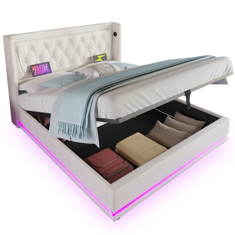 Letto Contenitore Imbottito Matrimoniale LED con USB ¨C MINIMAL ¨C Bianco, 140x200, Idraulico
