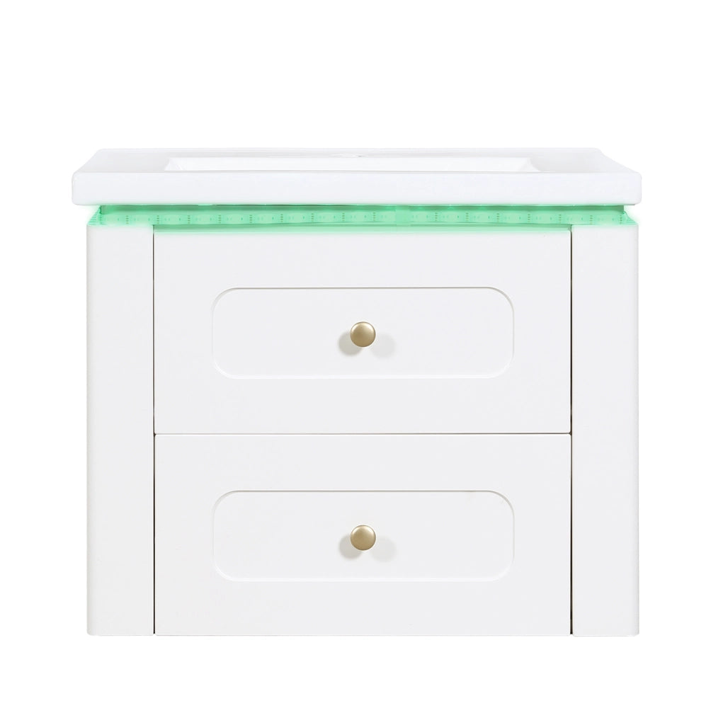 Mobile bagno sospeso 61 cm con lavabo in ceramica, LED e cassetti bianco