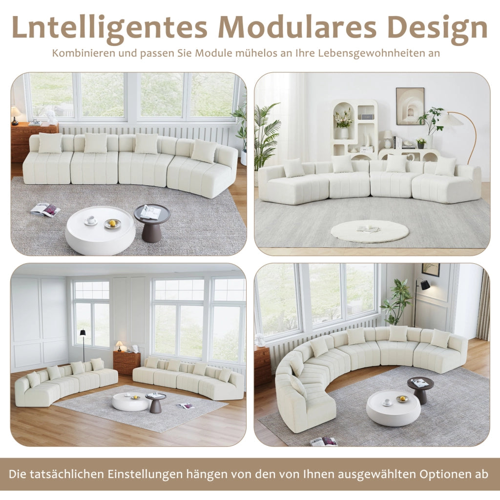 Divano modulare curvo in chenille beige con 2 cuscini