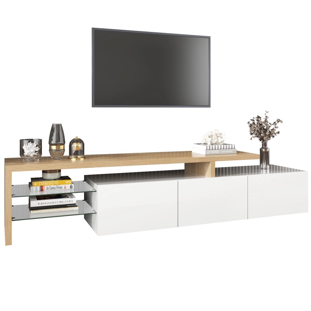 Mobile TV LED con 3 vani chiusi e ripiani in vetro, luce a 7 colori, da soggiorno, MDF bianco naturale, 197.5 × 39 × 42 cm