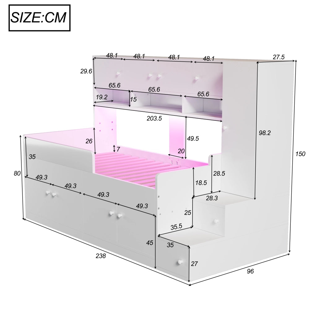Letto a cabina bambino 90×200 cm con armadio, ripiani, scala contenitore e LED, senza materasso, legno, bianco