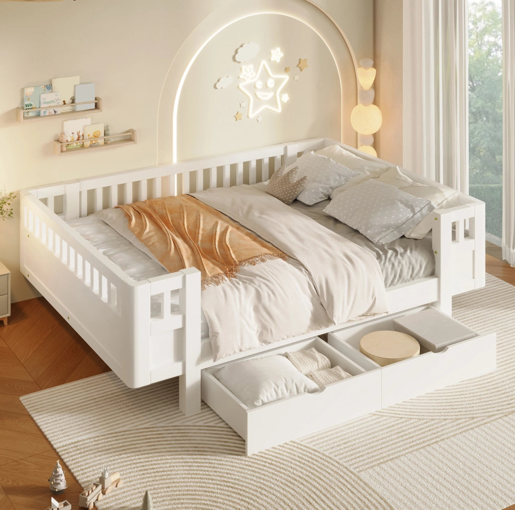 Letto piattaforma 140x200 cm bianco con sponda alta di protezione e due ampi cassetti