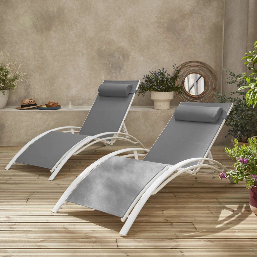 Set 2 lettini prendisole in alluminio textilene multiposizione, bianco