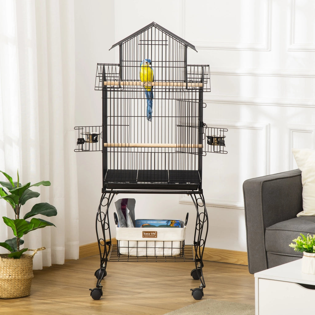 EasyComfort Gabbia per Uccelli da Interni in Legno con Vassoio, 4 Ruote e Trespolo, 50x49x137cm