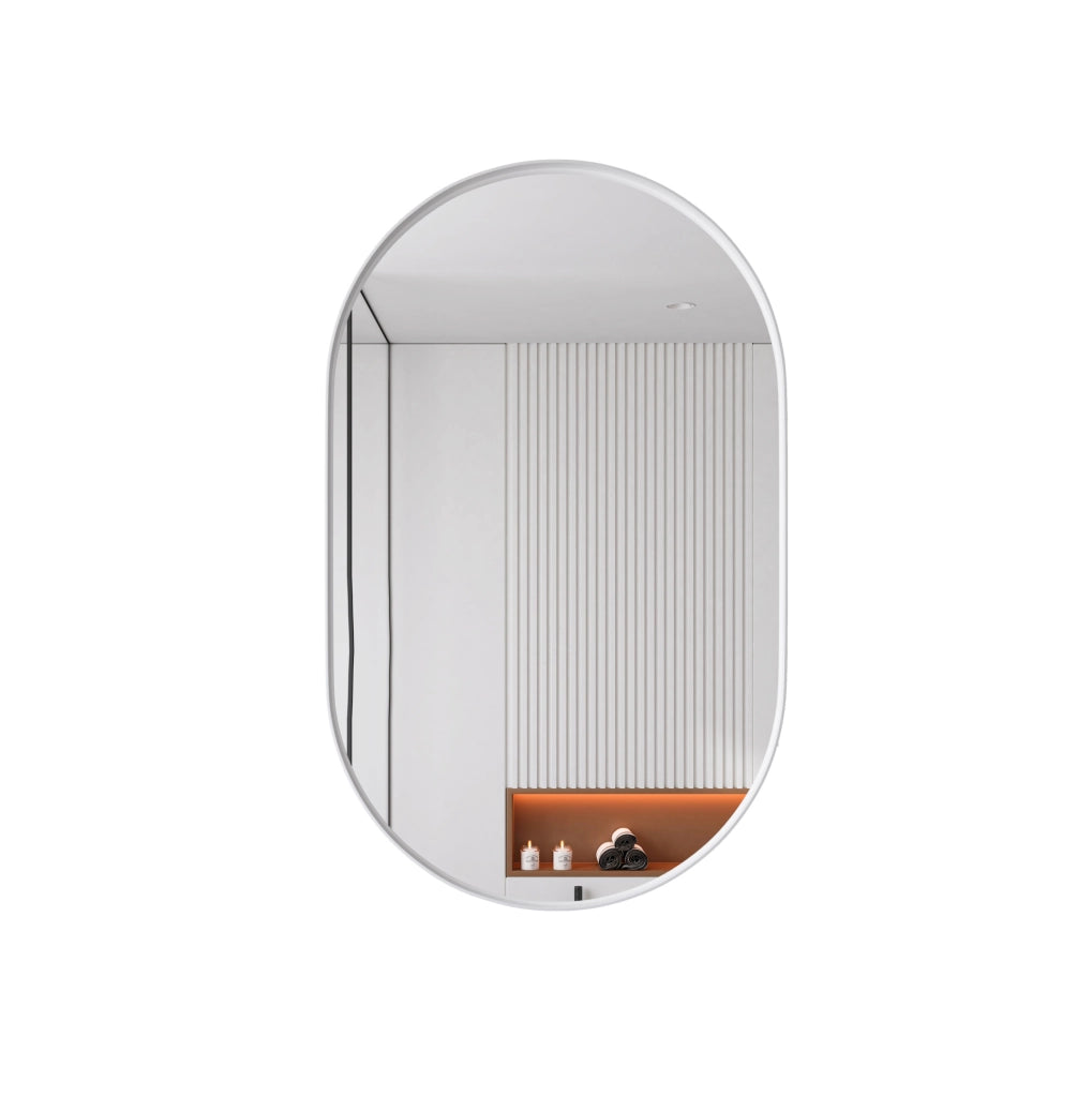 Mobiletto da bagno a incasso con specchio ovale, telaio metallico e ripiani regolabili, bianco