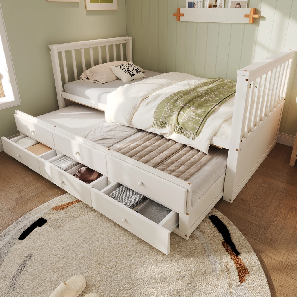 Letto singolo 90x200 con letto estraibile; ripiani LED dimmerabile e USB; pino e MDF bianco