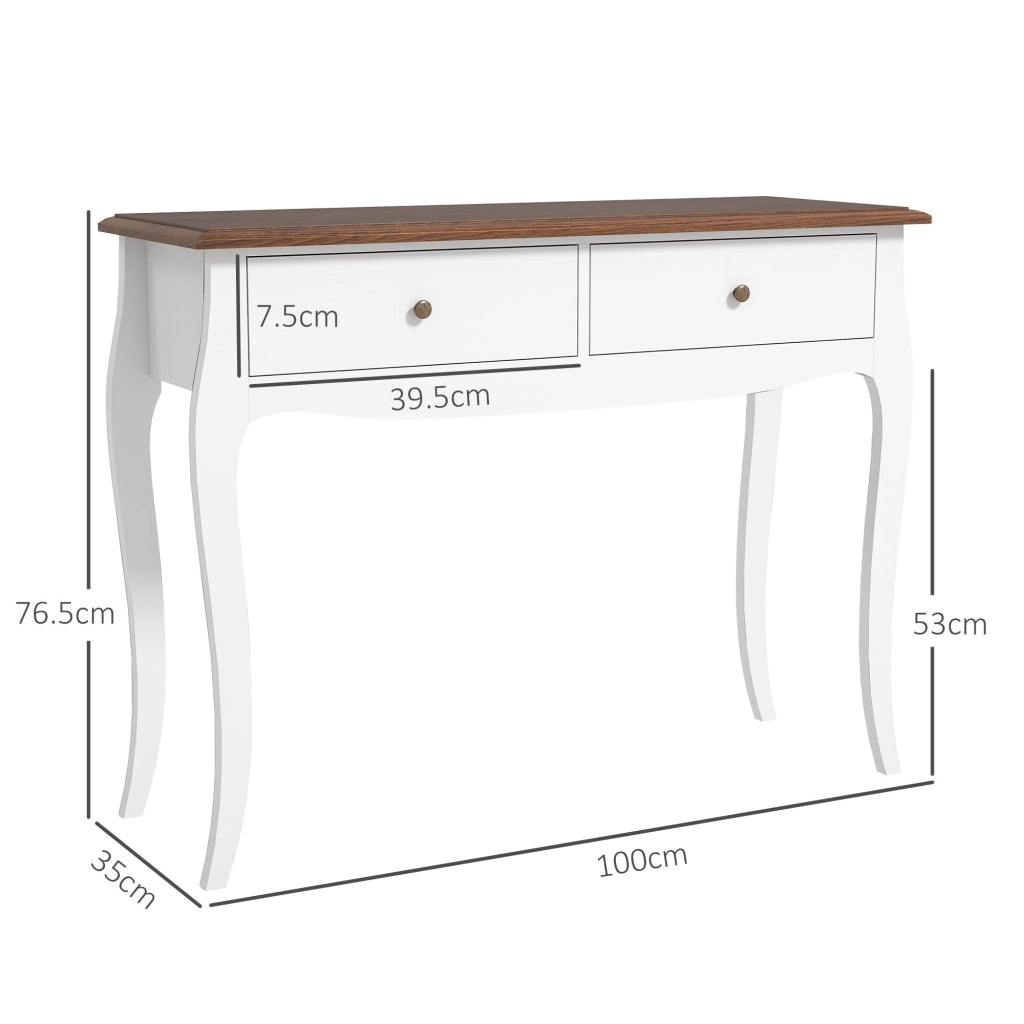 Tavolo Consolle Moderno 100x35x76,5 cm con 2 Cassetti in Legno Bianco e Marrone Scuro
