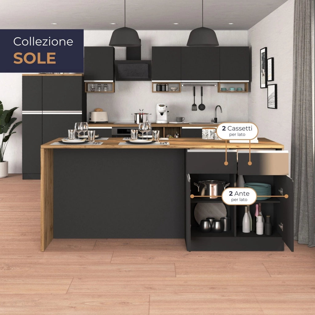 WHOUS Isola da cucina Sole a 4 ante e 4 cassetti antracite opaco/rovere 200x90x90 cm