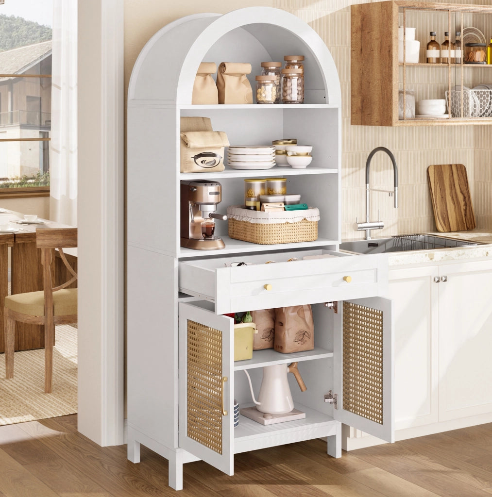 Vetrina ULEVR 70x40x170 cm con 3 vani aperti, 2 ante in rattan e cassetto, bianco e effetto legno