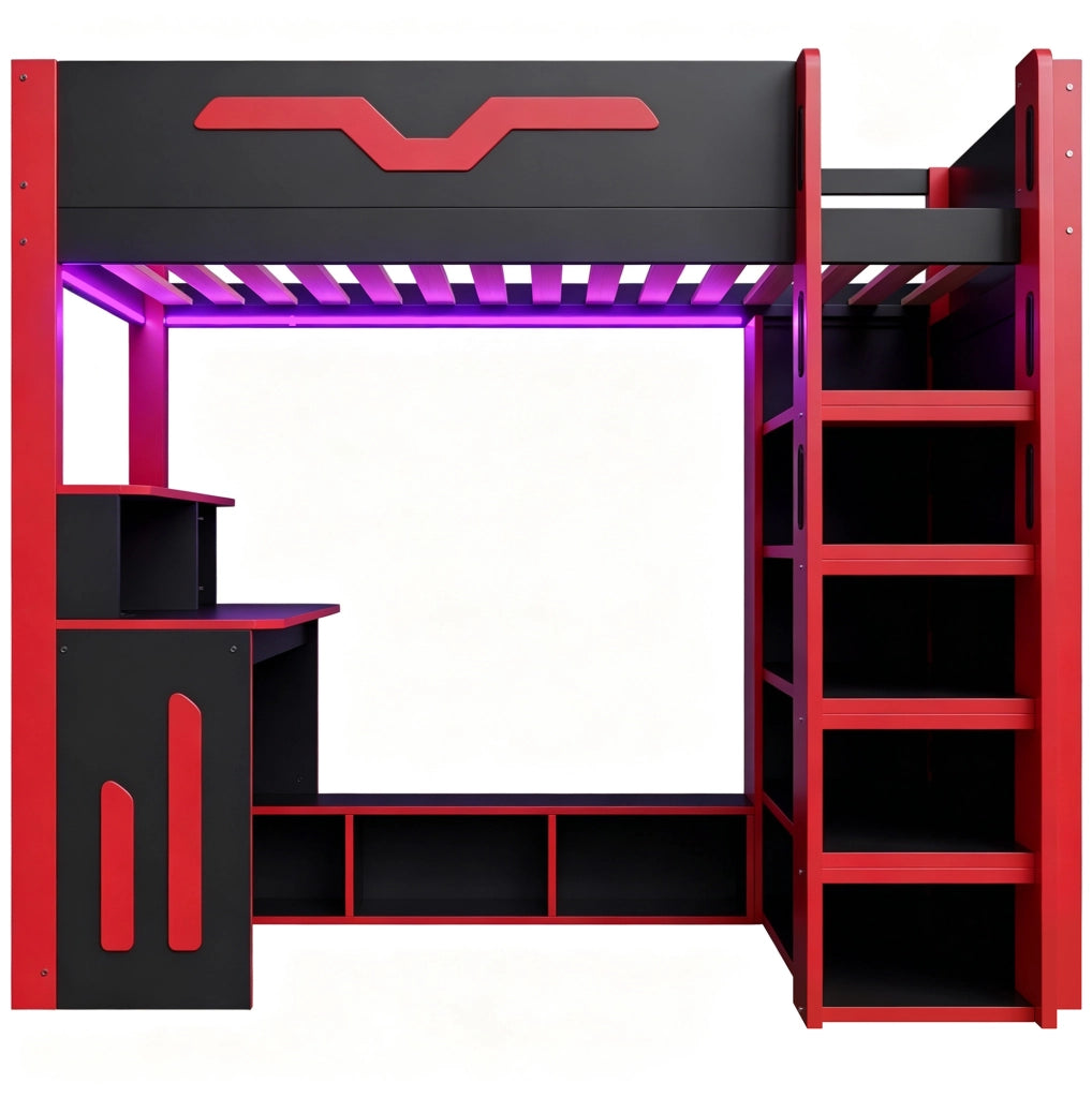 Letto a soppalco 90x200 cm con scrittoio; LED e scaffale a 4 ripiani; MDF e compensato; nero e rosso