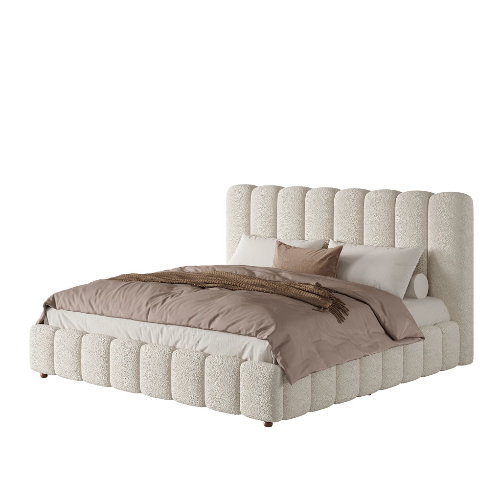 Letto matrimoniale imbottito 180 ¡Á 200 cm con rete a doghe testiera in boucl¨¦ bianco gambe in legno