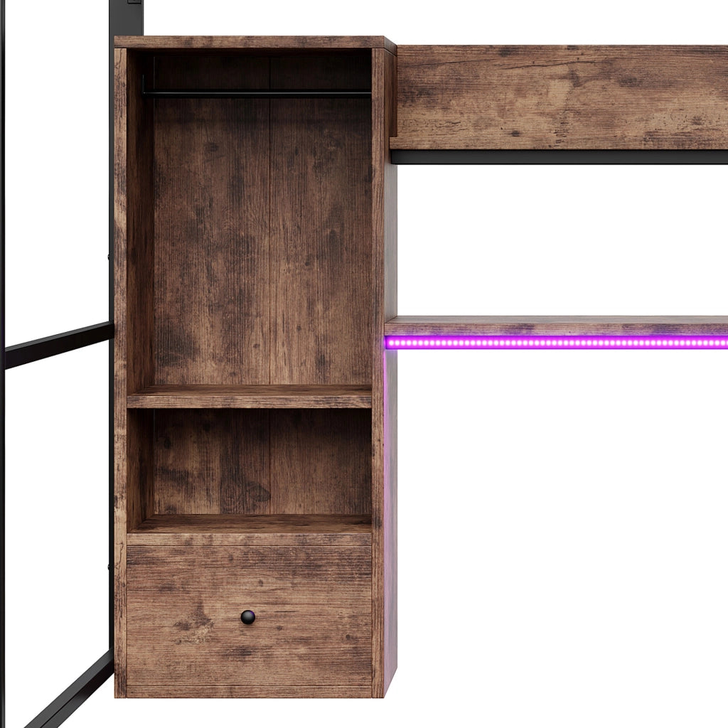 Letto a soppalco 140 × 200 cm con scrivania LED 16 colori cassetto ripiani in metallo e MDF nero