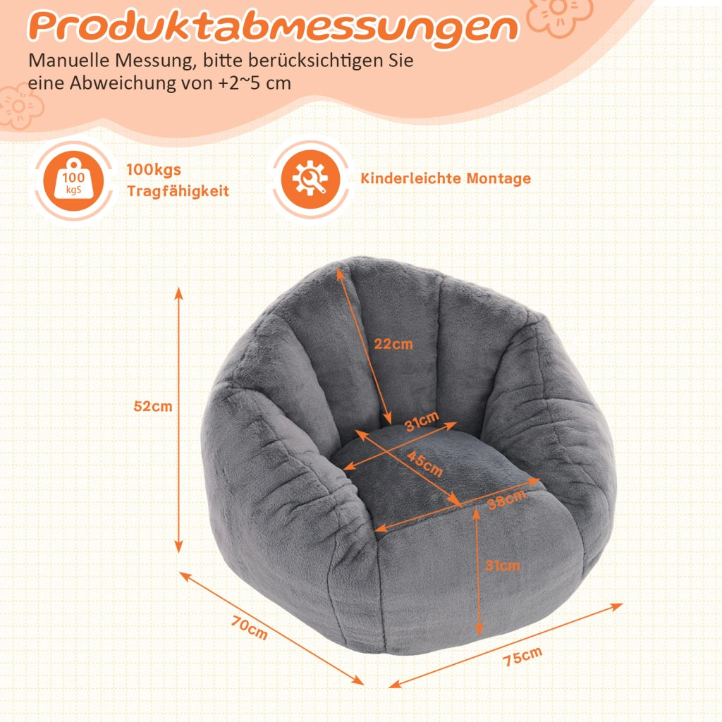 Pouf per bambini in peluche di poliestere grigio con forma ergonomica