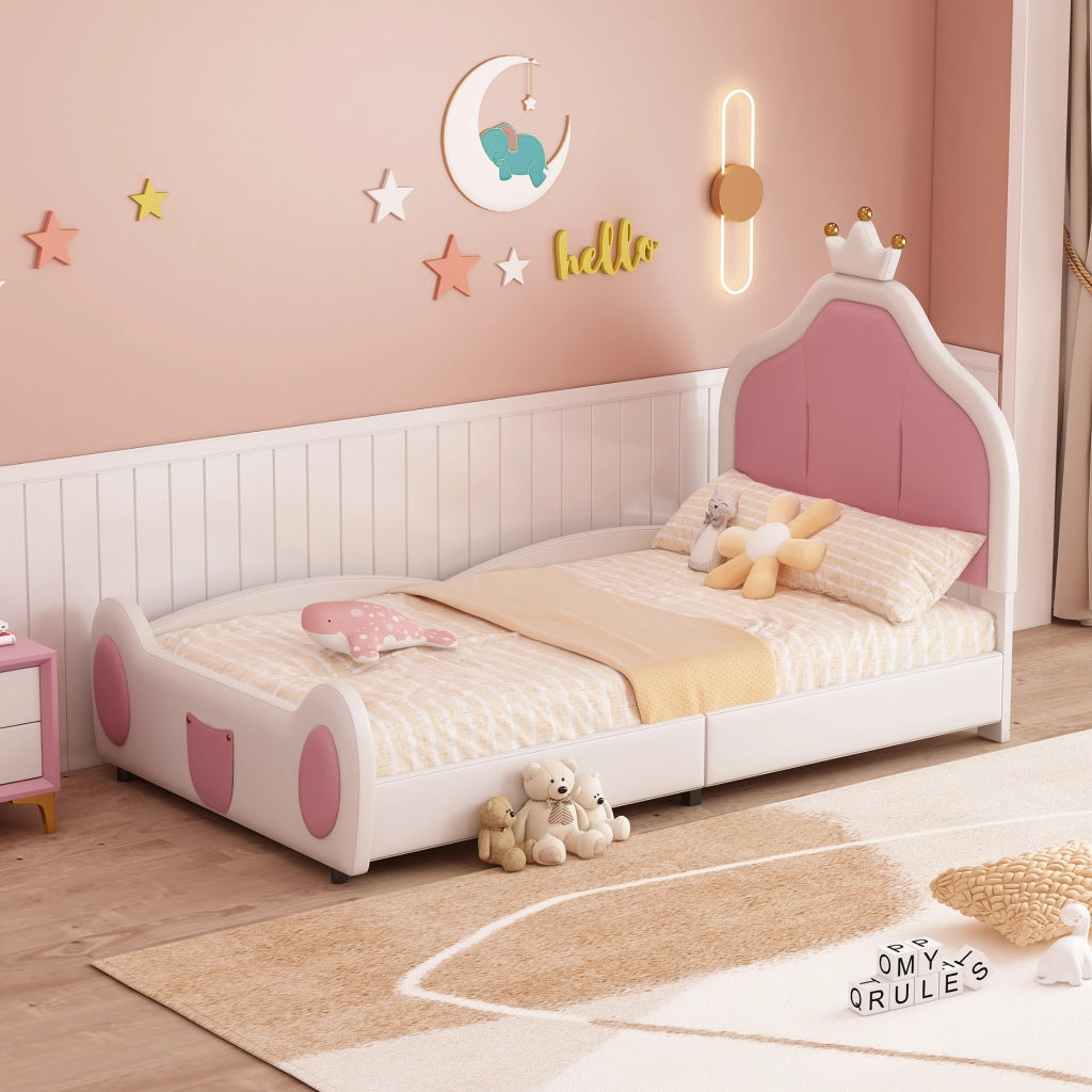 Letto singolo 90 × 200 cm imbottito con testiera a corona in similpelle bianca e rosa con rete a doghe