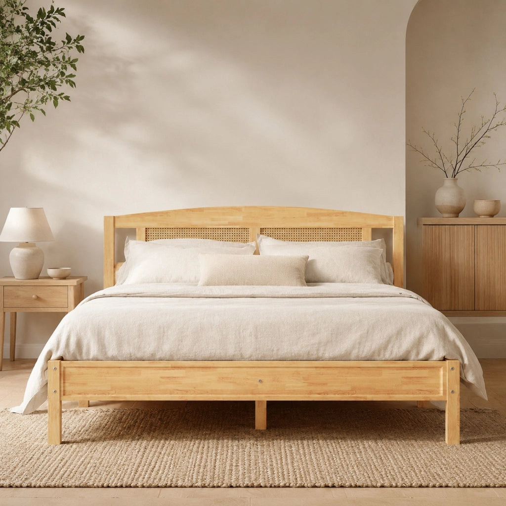 Letto matrimoniale in rattan 160x200 cm, struttura in pino e PE-rattan, colore naturale