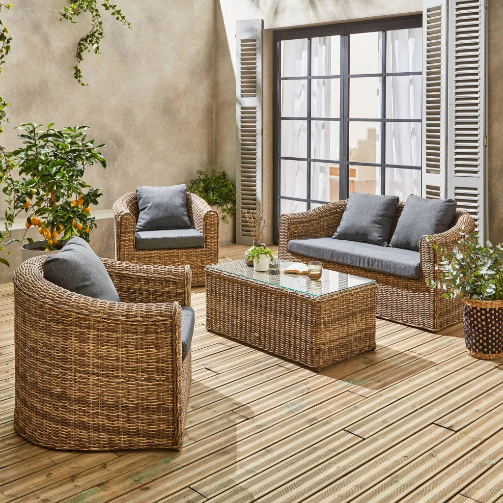 Salotto da giardino in resina intrecciata, 4 posti, beige