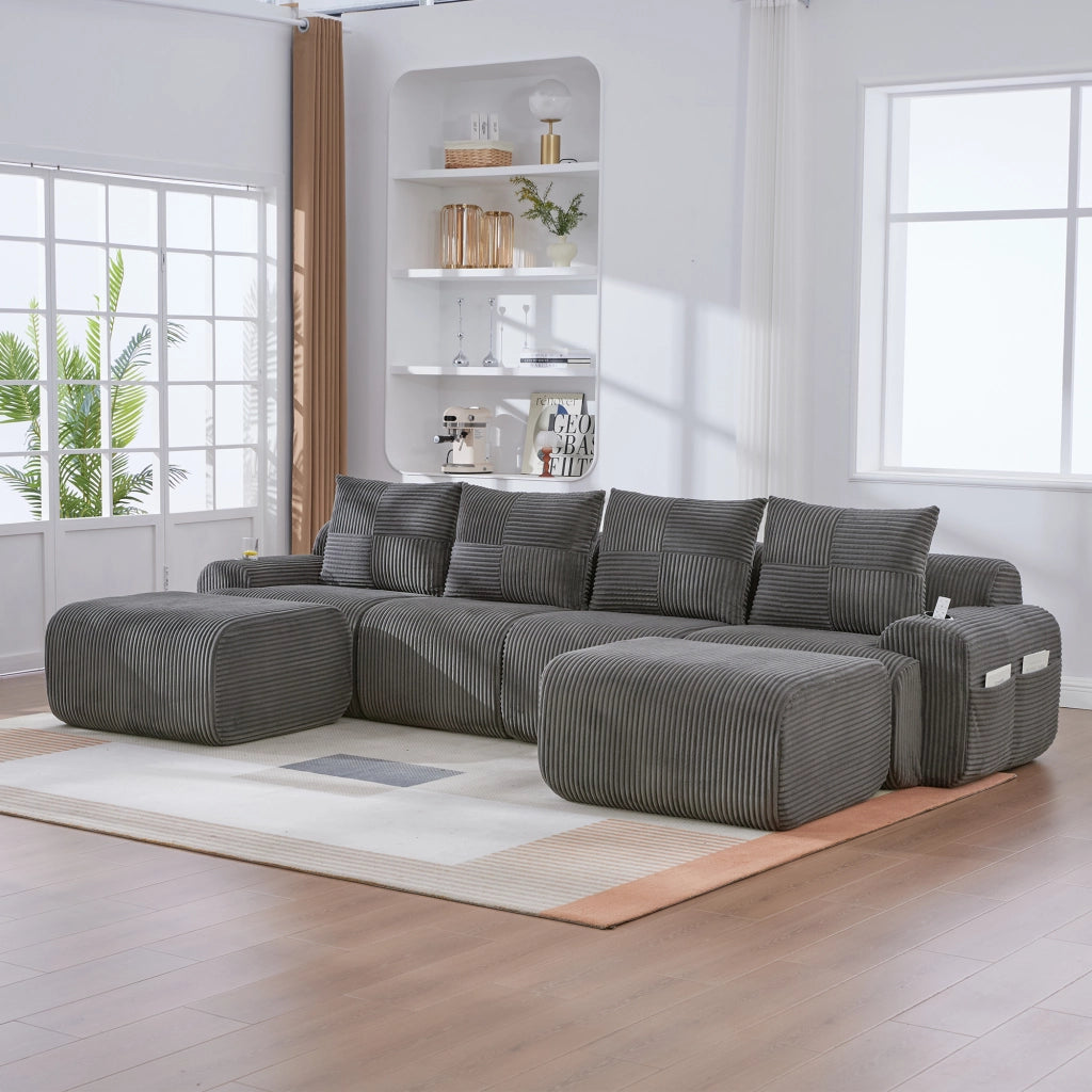 Divano modulare 4 posti con portabicchieri e tasca laterale in corduroy grigio scuro