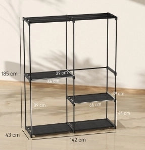 Appendiabiti Portatile in Metallo con Ripiani in Tessuto, Nero, 142x43x185 cm