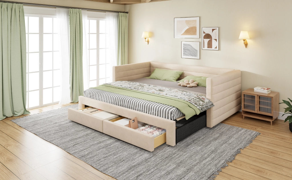 Letto estraibile 3 in 1 con due cassetti rivestito in cotone e lino beige con rete a doghe