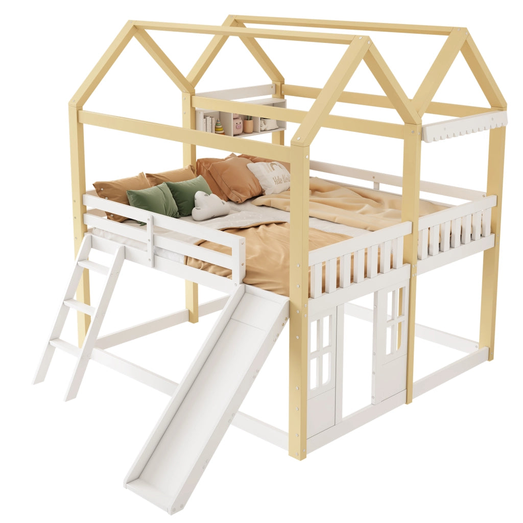 Letto a soppalco per bambini 90 × 200 cm con scivolo e scala reversibili in legno bianco e naturale