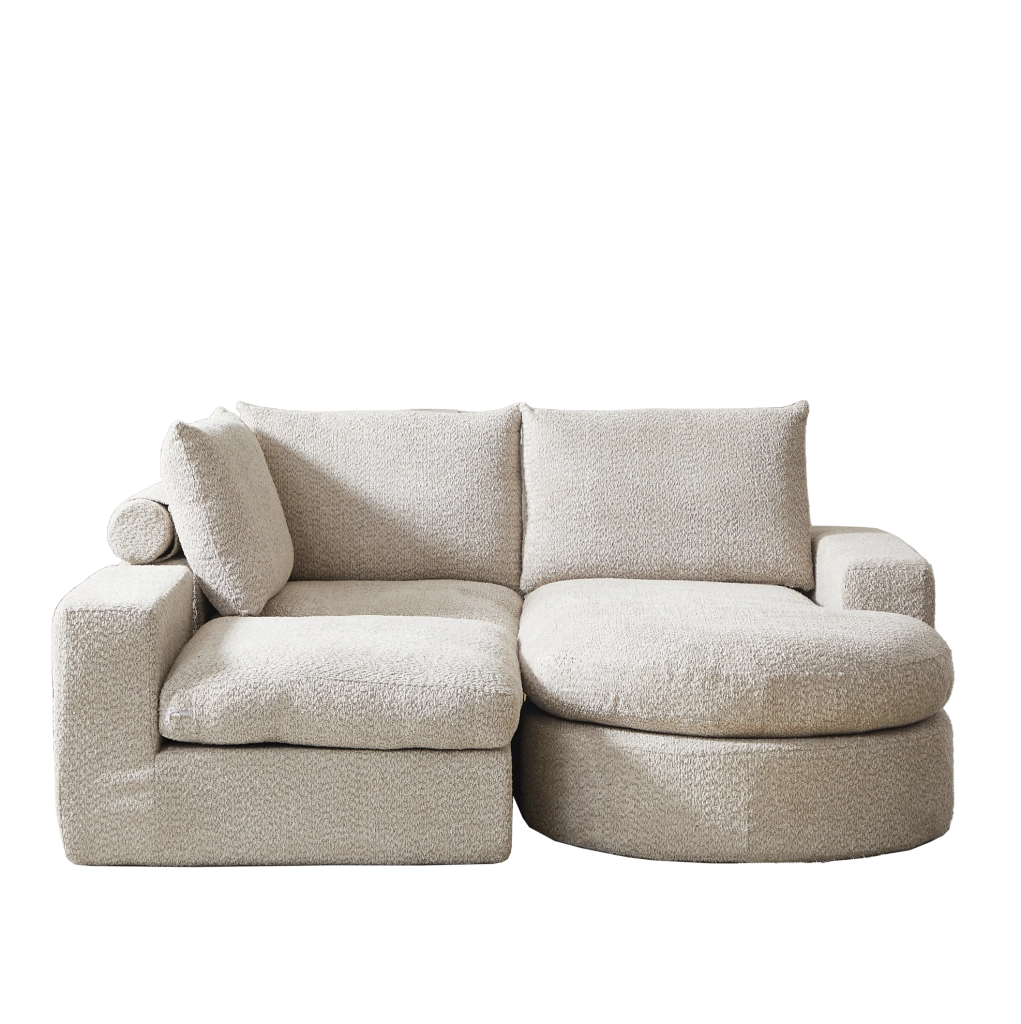 Divano modulare ULEVR con chaise longue reversibile, 4 moduli e 3 cuscini, rivestimento in ciniglia beige