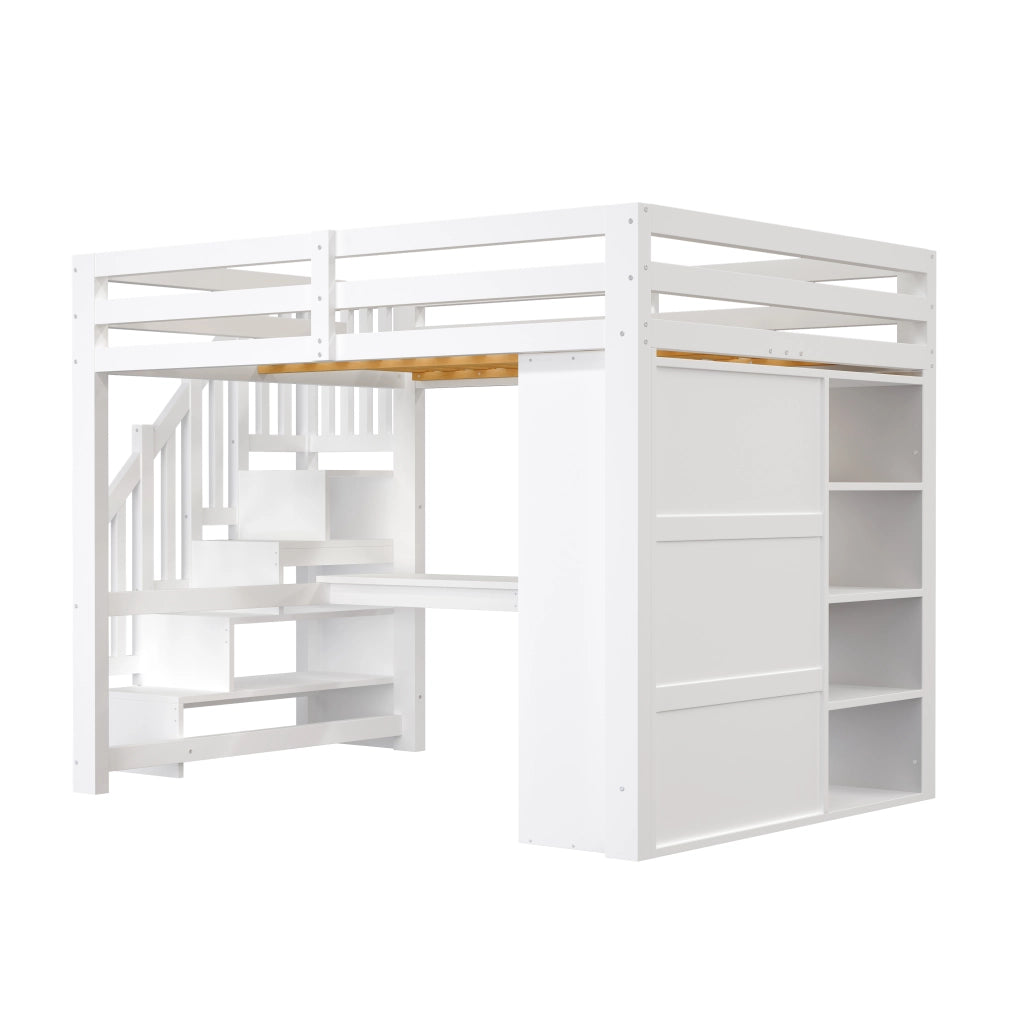 Letto a soppalco 140x200 con scrivania; armadio e LED; bianco